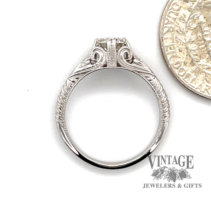 .50 Carat diamond solitaire vintage inspired 14kw gold ring, side thru finger with quarter for scale