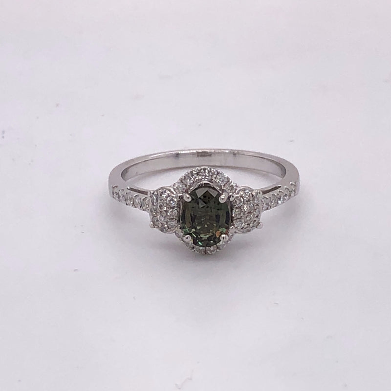 14 karat white gold natural alexandrite  and diamond ring.