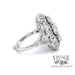 14k white gold vintage inspired filigree 3-stone diamond and sapphire ring, side view