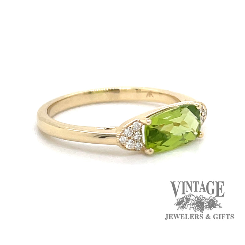 East West Peridot Diamond Accented Gold Ring Angled View