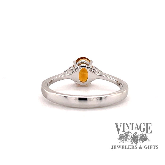 14 karat white gold oval citrine ring with diamond clusters, rear view