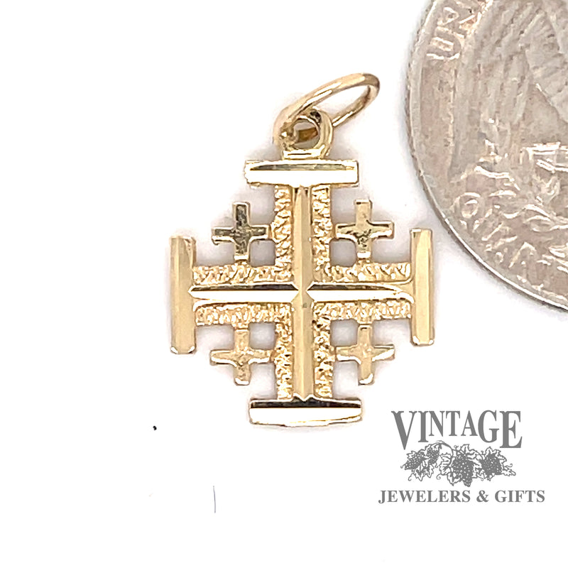 Jerusalem cross in 14ky gold quarter for scale