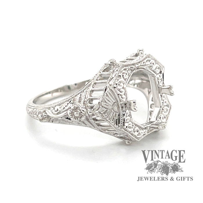 14 karat white gold Edwardian inspired filigree 9x7 mm solitaire ring mounting, angled view