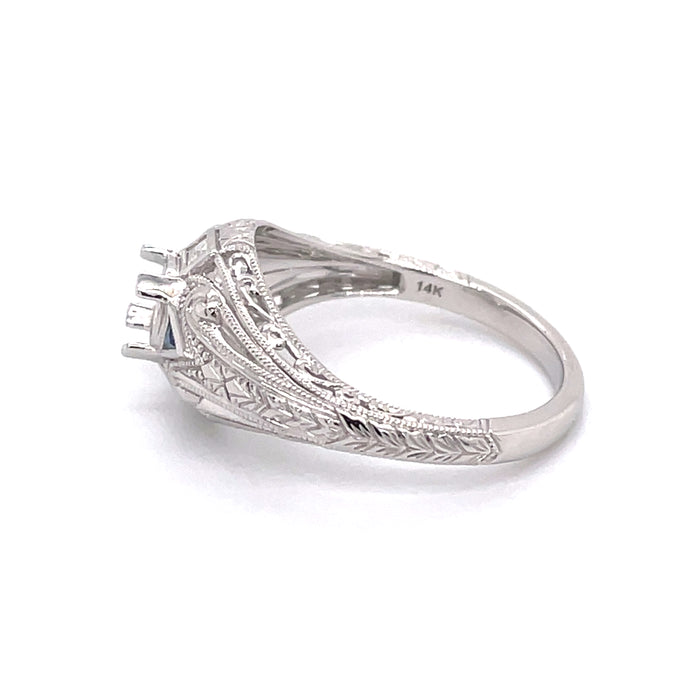 14 karat white gold diamond and sapphire semi mount ring, side view