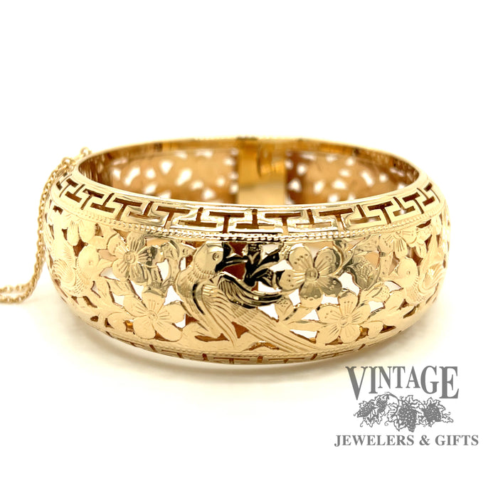 Ming’s hummingbird motif 14ky gold wide hinged bangle bracelet design
