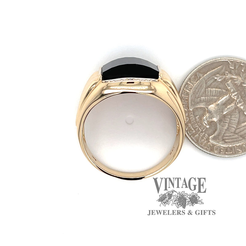 14 karat yellow gold faceted onyx and diamond tapered ring, shown with quarter for size reference