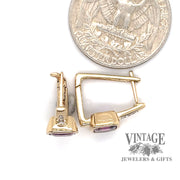 Amethyst cushion and diamond 14ky gold clip earrings quarter for scale