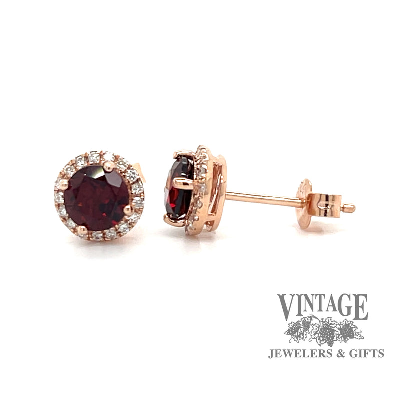 Garnet and diamond 14kr gold halo stud earrings