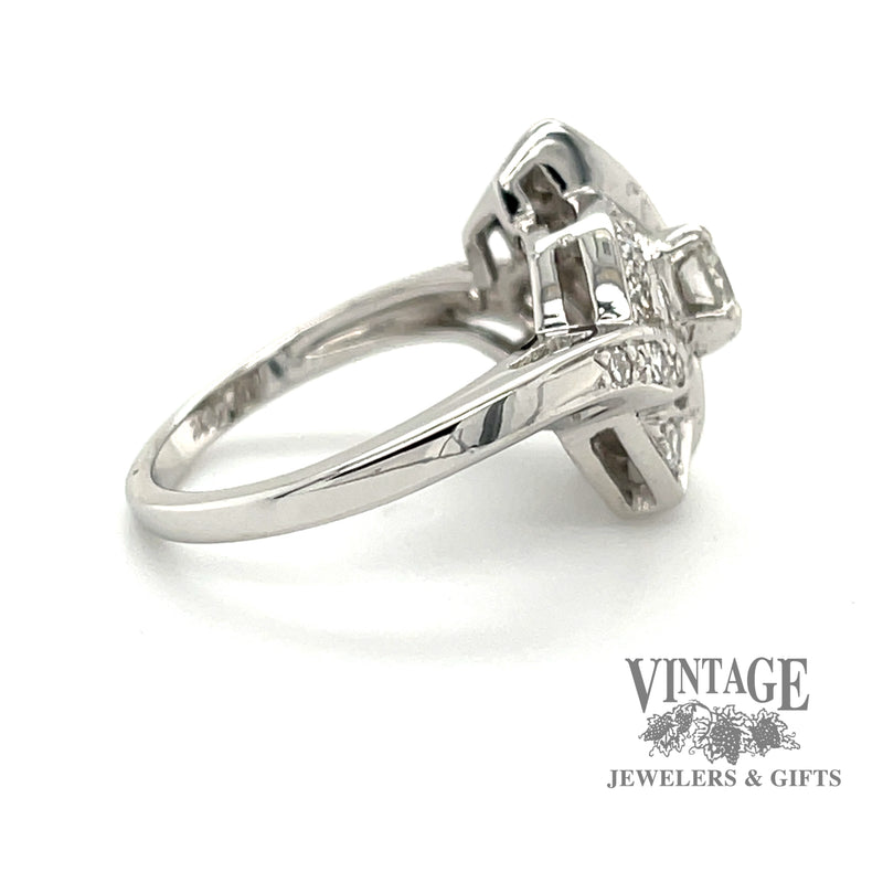 Vintage Art Deco 14 karat white gold diamond pave bow motif ring, side view
