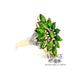 14 karat yellow gold Tsavorite garnet marquise cluster ring with accent diamonds, angled view