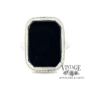 18 karat white gold vintage onyx filigree ring