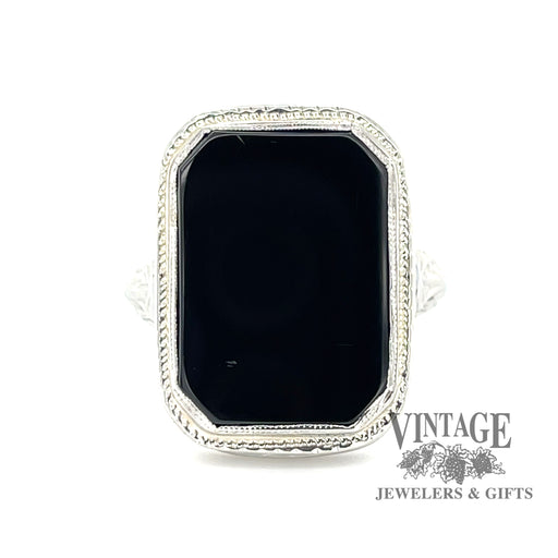 18 karat white gold vintage onyx filigree ring