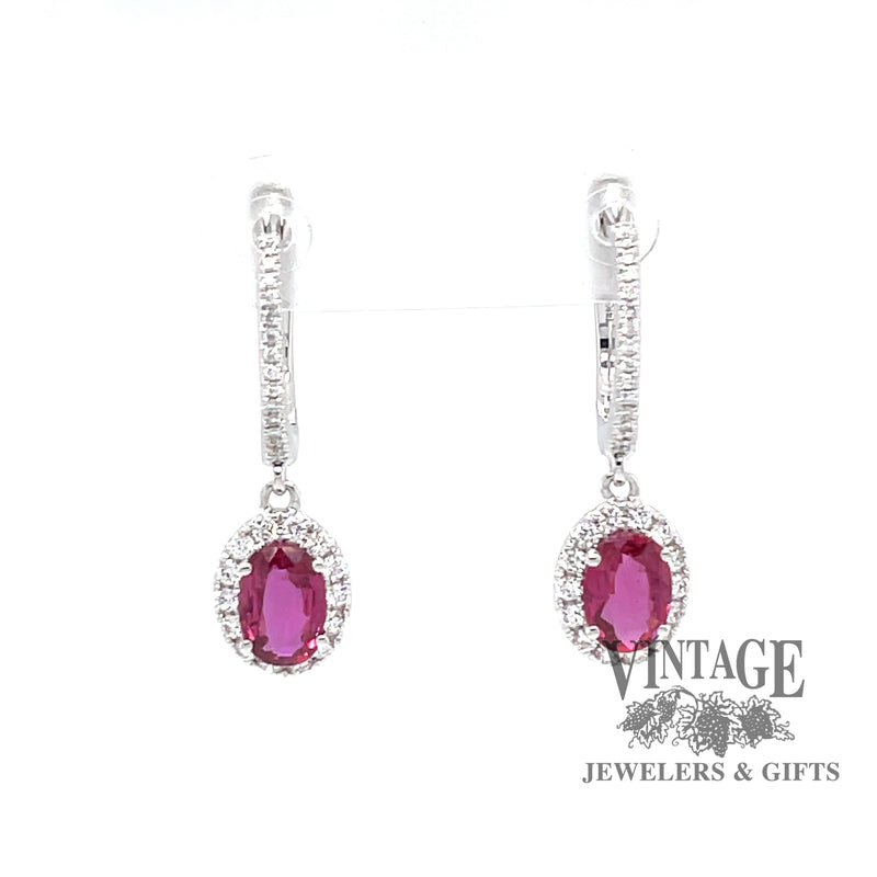 14 karat white gold oval ruby and diamond halo drop earrings