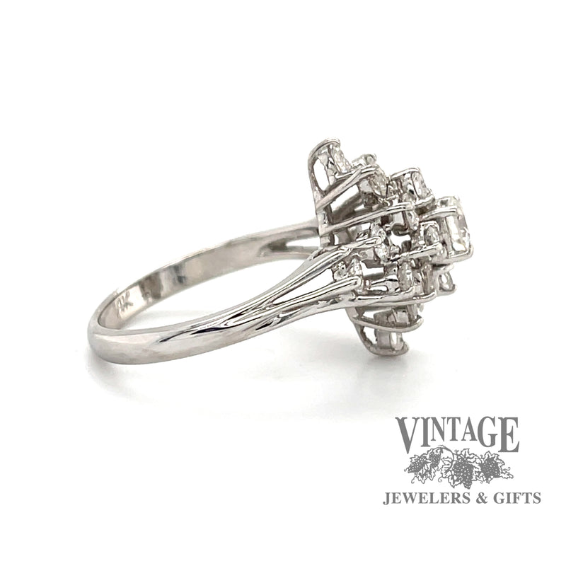 14 karat white gold 1.17ctw diamond cluster ring, side view