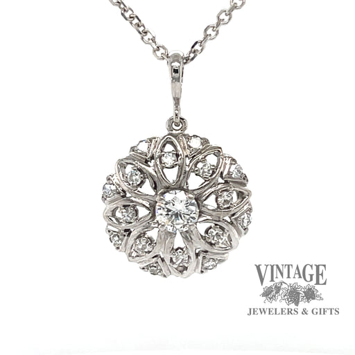Estate 14 karat white gold round floral design diamond pendant