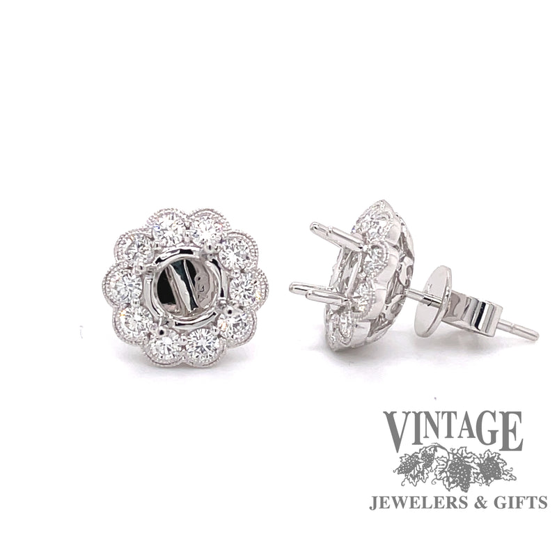 Scalloped 18 karat white gold halo diamond semi mount earrings