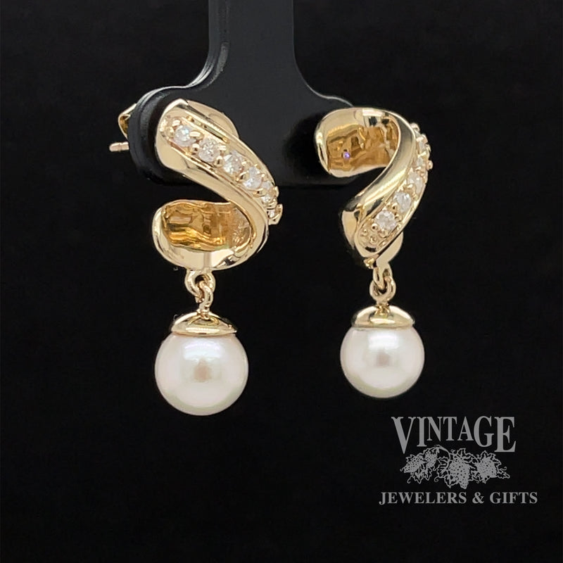 Twist 14ky gold diamond and pearl drop earrings