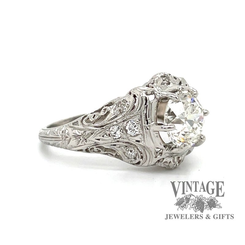  Antique hand fabricated platinum filigree diamond ring, angled view