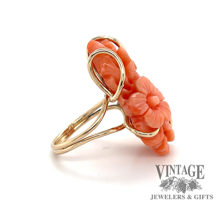 Floral carved coral 14k gold wrap ring, side view