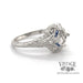 14 karat white gold hand engraved diamond and sapphire ring semi mount, side view close up
