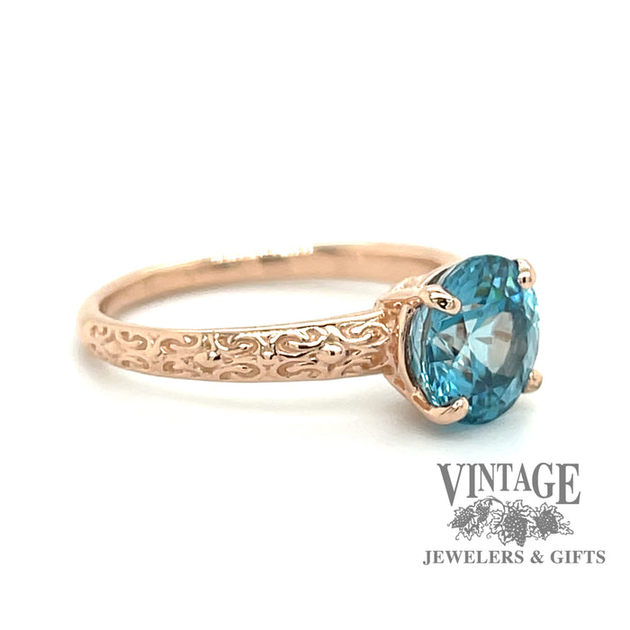Blue zircon 14k rose gold embossed ring