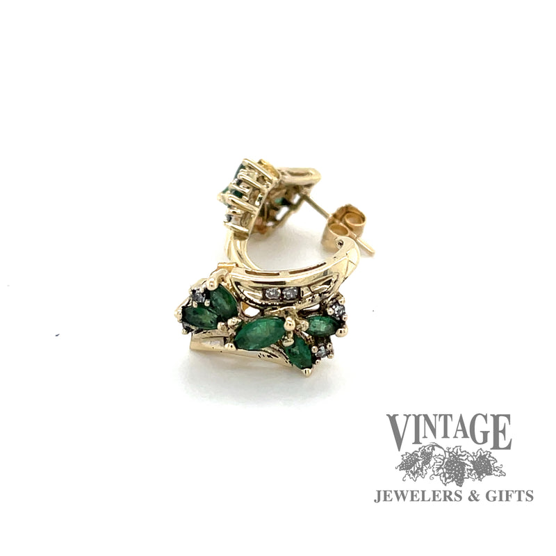 14 karat yellow gold Emerald with diamond cluster half hoop earrings