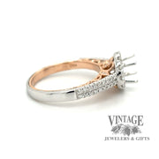 14 karat rose gold and white gold diamond halo engagement ring semi-mount, side view