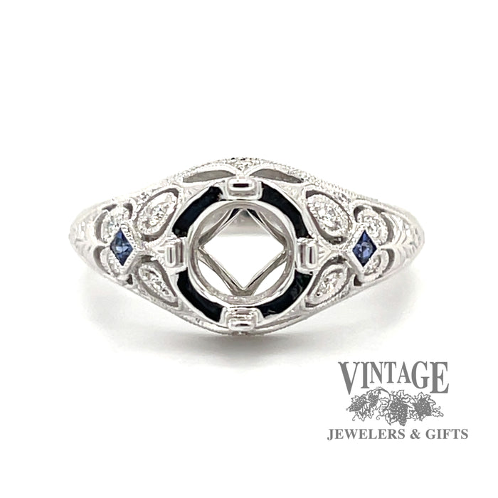 14 karat white gold diamond and sapphire vintage inspired ring mounting