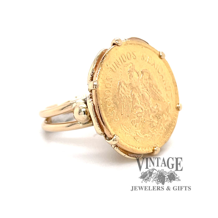 Five peso coin ring in 14ky gold angle
