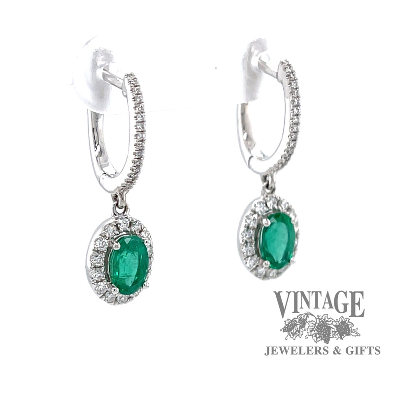 .90ctw Emerald halo diamond drop white gold earrings