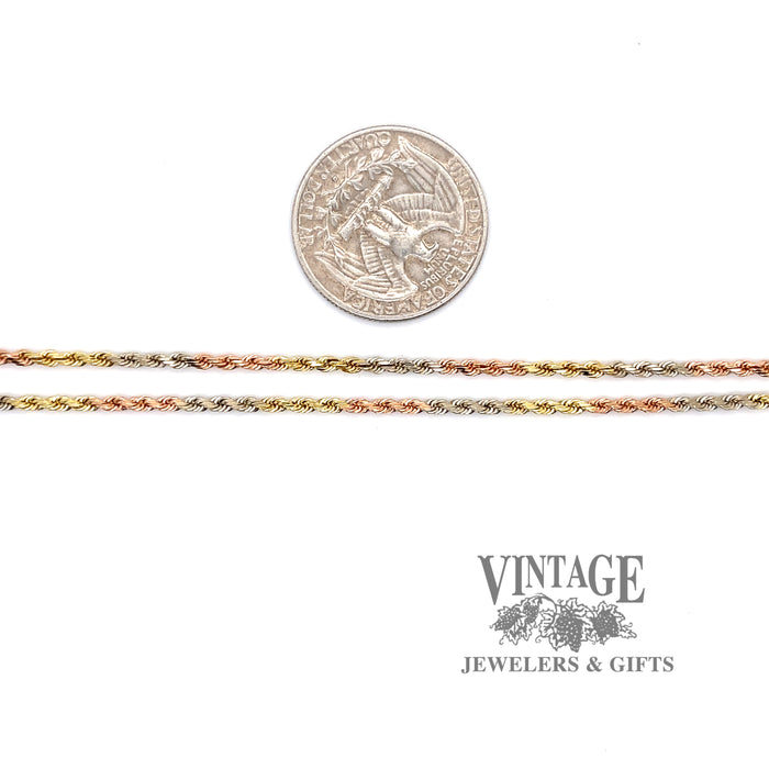 20” 14k tri color gold 2mm rope chain quarter for scale
