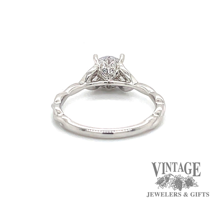 14 karat white gold diamond semi mount engagement ring with diamond leaf design, rear view