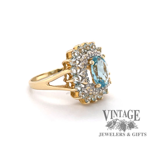 14k yellow gold Aquamarine and diamond halo ring, side view