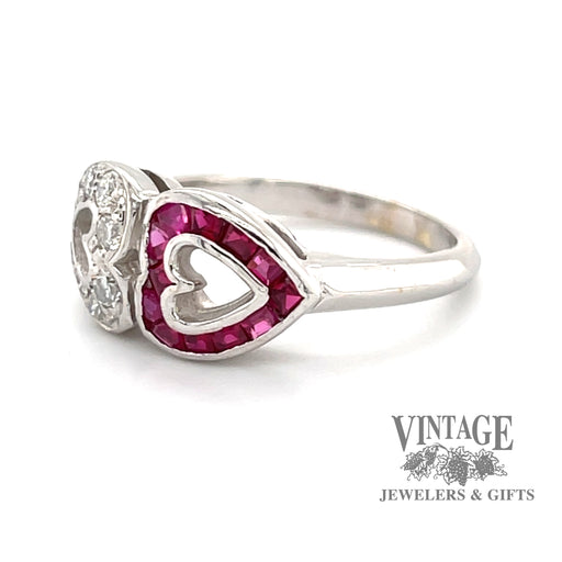 14 karat white gold mirrored hearts ruby and diamond ring, angled view