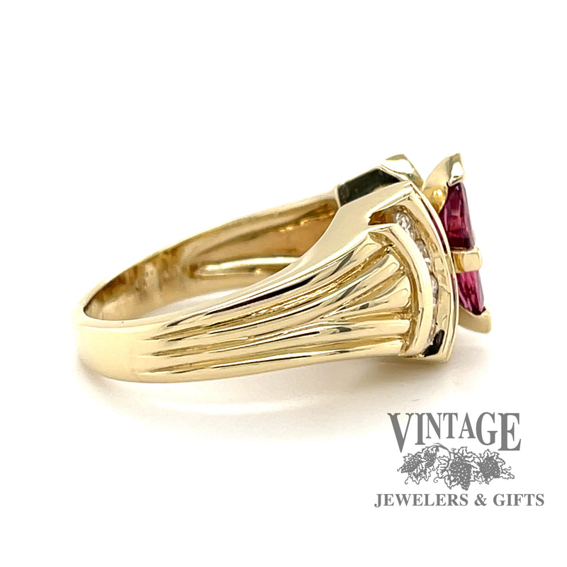 14 karat yellow gold .95 carat marquise pink tourmaline and diamond ring, side view