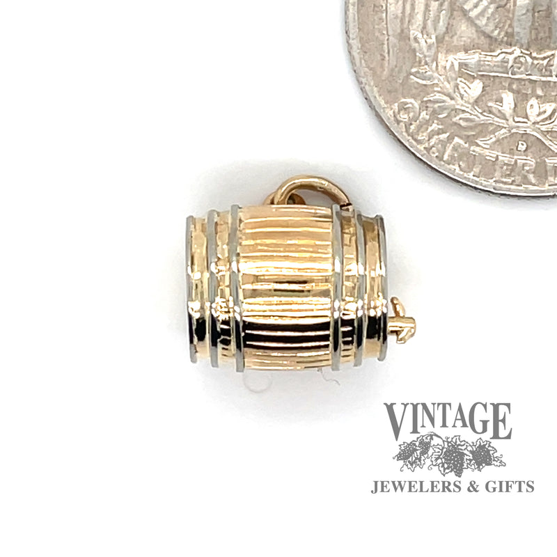 14 karat yellow gold Beer Barrel charm, shown with quarter for size reference