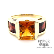 14 karat yellow gold Starburst cut citrine and pyrope garnet stone ring