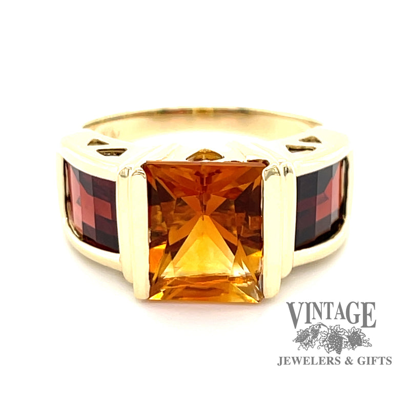 14 karat yellow gold Starburst cut citrine and pyrope garnet stone ring