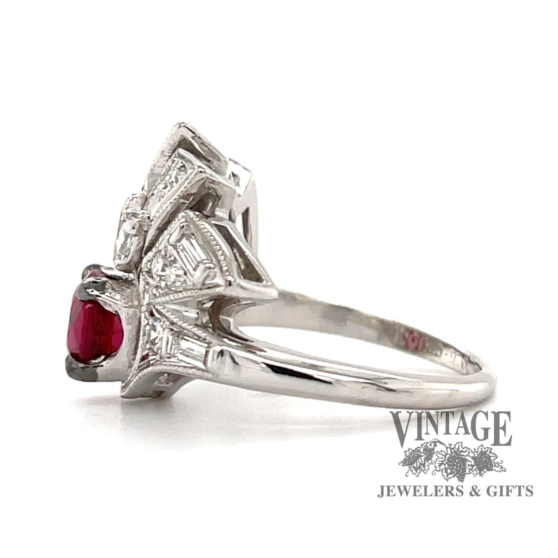 Platinum vintage Art Deco Natural ruby and diamond ring, side view