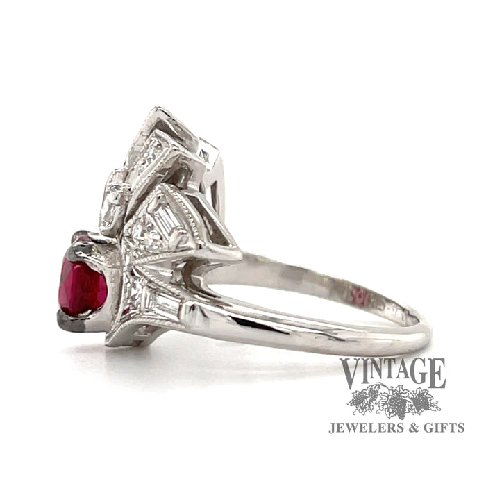 Platinum vintage Art Deco Natural ruby and diamond ring, side view