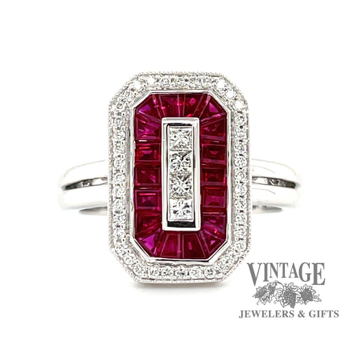 Vintage inspired 14 karat white gold natural ruby and diamond octagonal shape ring