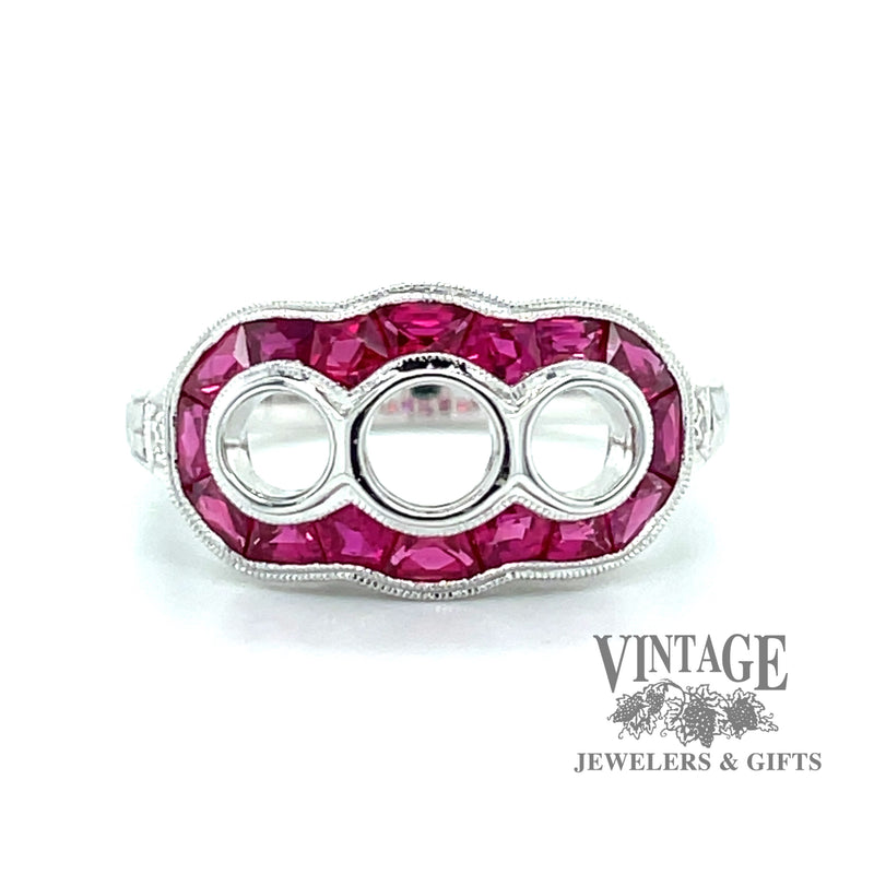 Ruby and diamond vintage inspired three stone 14kw gold ring