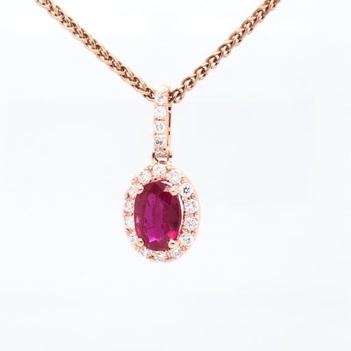 14 karat rose gold ruby halo diamond pendant front view.