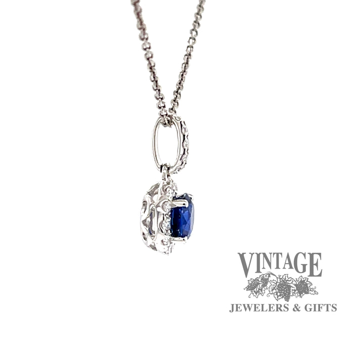 18k white gold Blue sapphire and diamond halo pendant