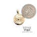 14 karat yellow gold soccer ball charm or pendant, shown with quarter for size reference