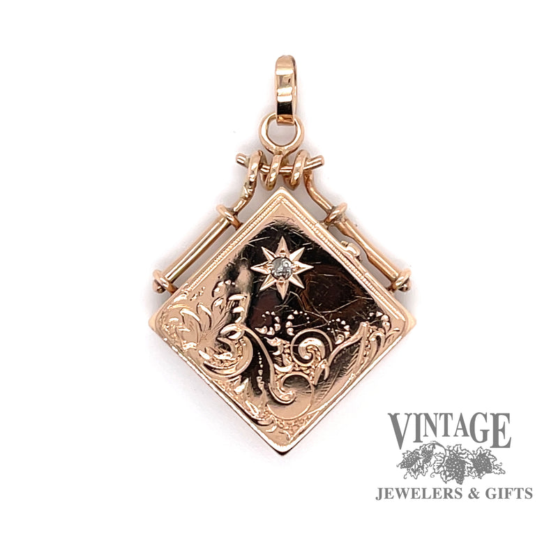 Antique 10ky gold hand engraved square locket pendant