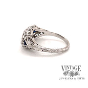 18 karat white gold vintage filigree diamond and sapphire ring, side view