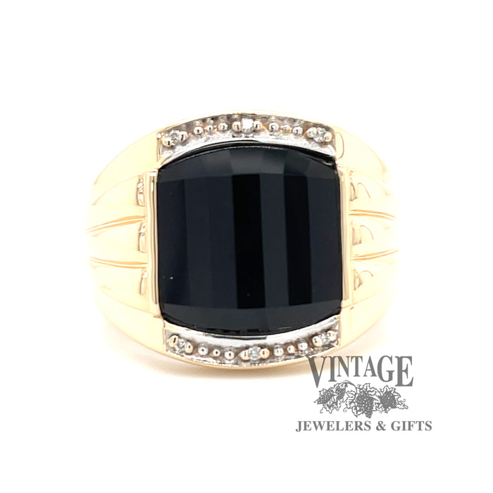 14 karat yellow gold faceted onyx and diamond tapered ring
