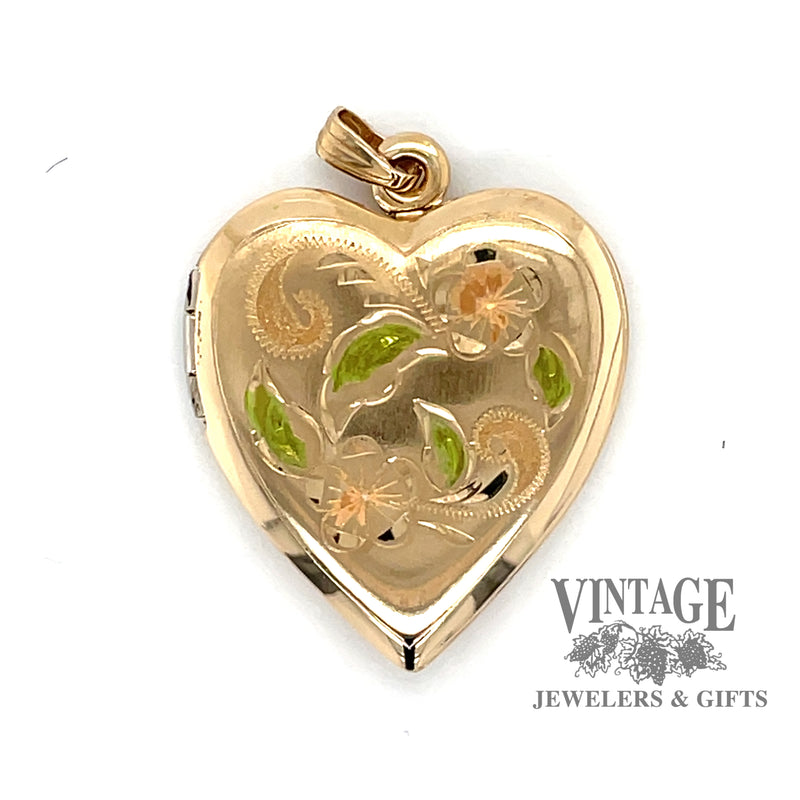 Floral heart locket in 14k multi color gold
