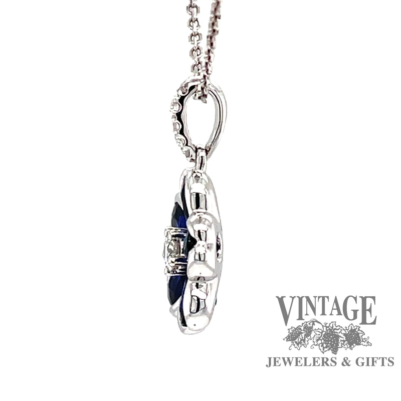 side view 18 karat white gold sapphire diamond flower pendant